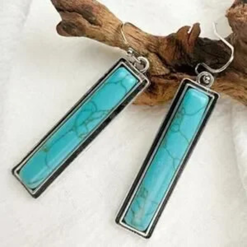 Native American Turquoise Earrings Western Fashion Silver Rectangle Birthday NEW